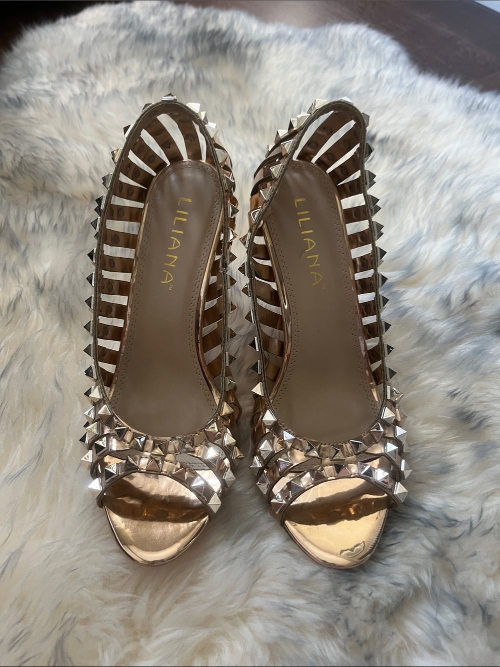 Liliana Rose Gold Studded Caged Peep-Toe Heels